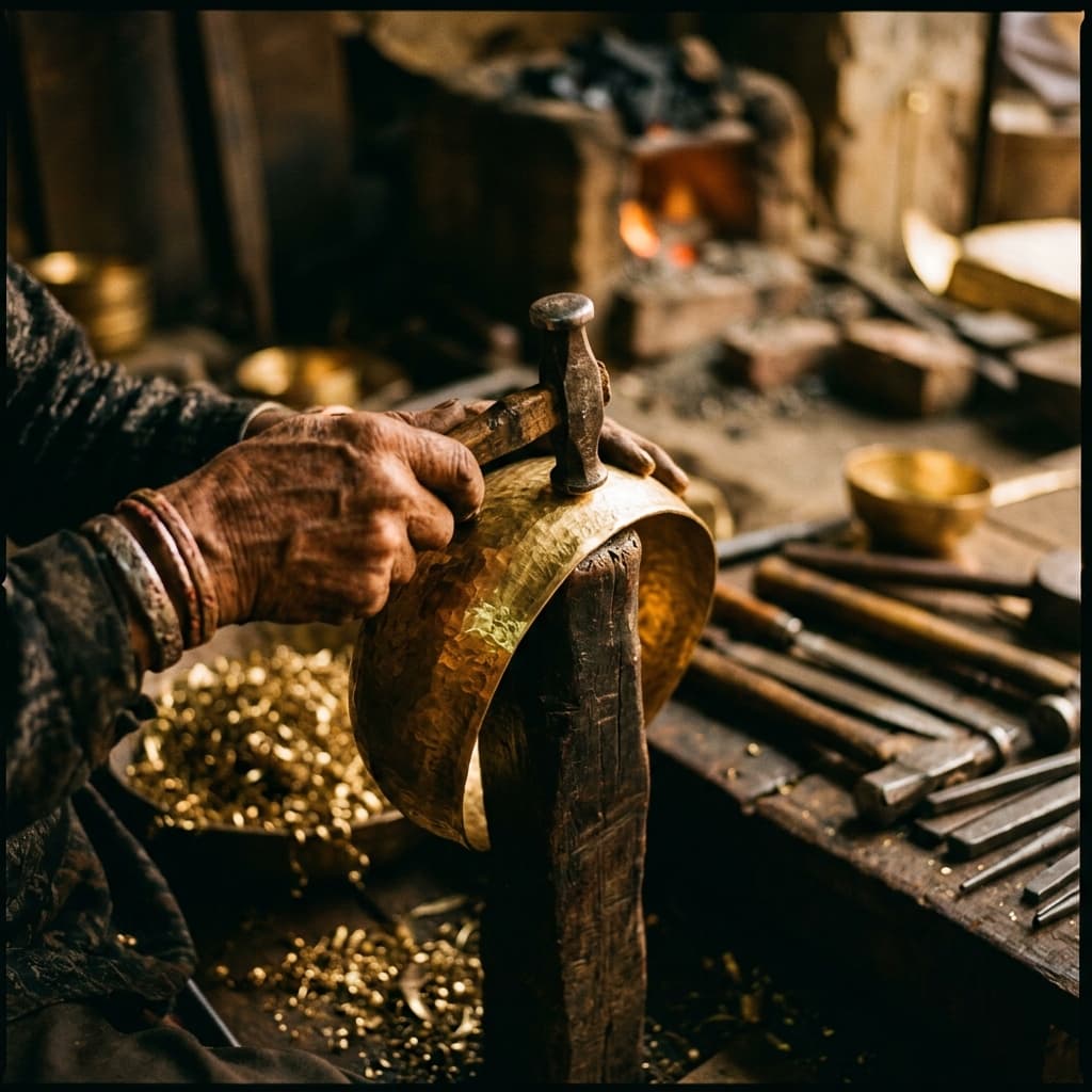 A craftsman's skilled hands carefully hand-raising a brass bowl in a traditional Moradabad atelier