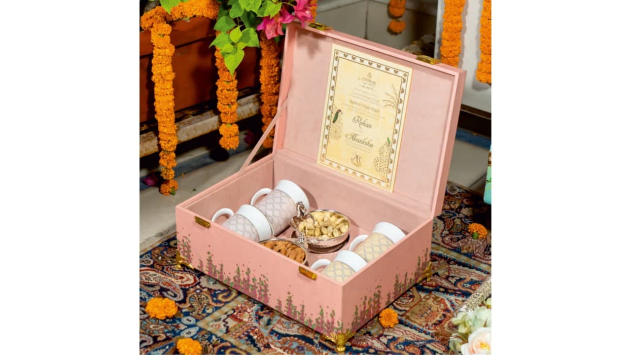 Blush Velvet Invitation Trunk — Velvet & painted wood