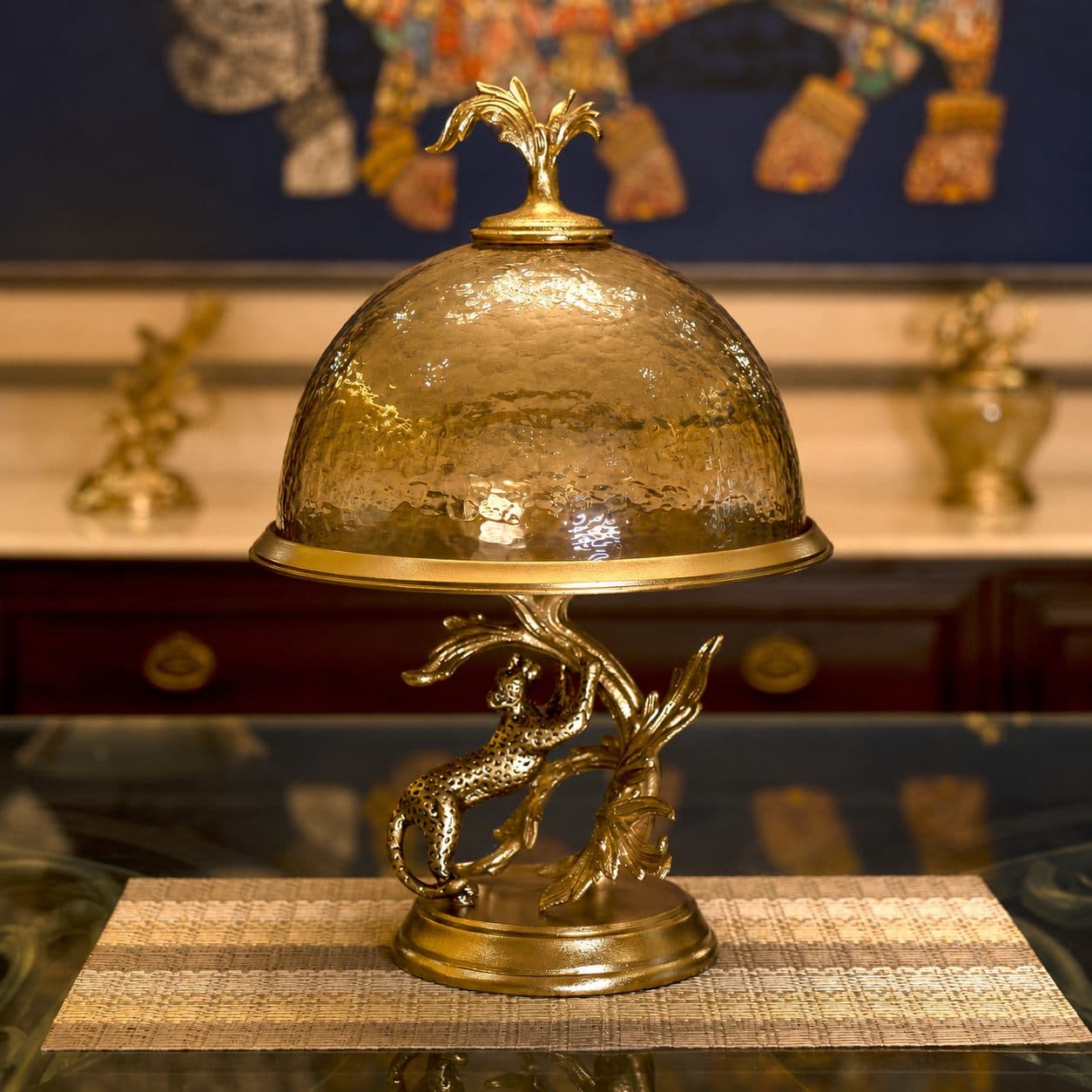 Shikar Domed Cake Stand — Cast brass & amber glass