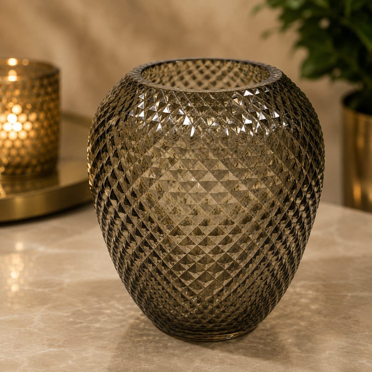 Facet Olive Glass Vase — Facet-cut glass