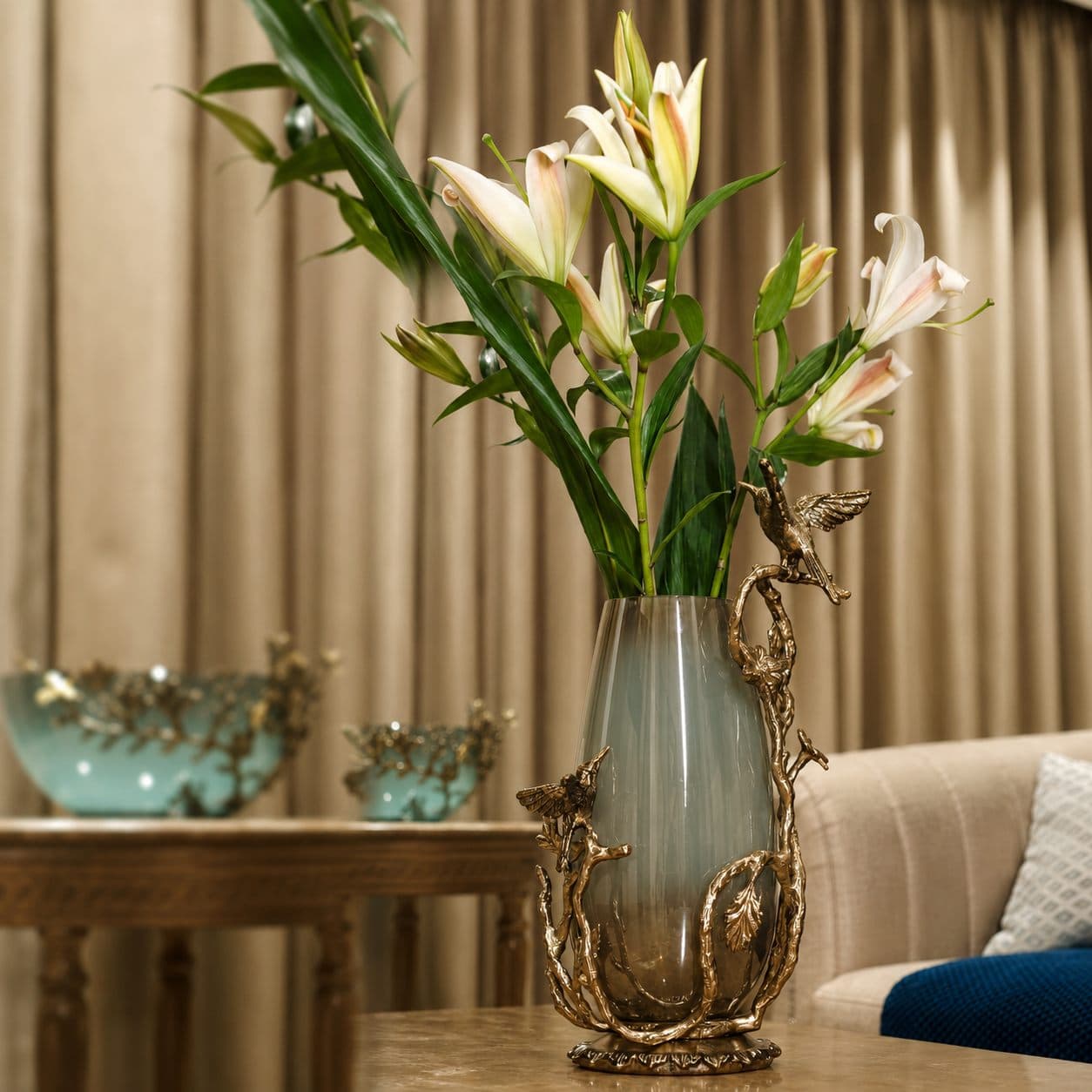 Hummingbird Smoke-Glass Vase — Smoked glass & brass