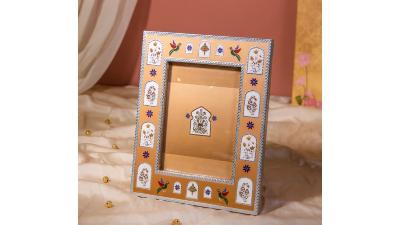Jharokha Birds Invitation Mount — Meenakari board