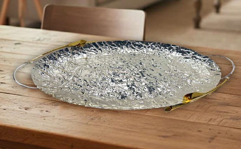 Molten Silver Oval Tray — Hammered silver & brass