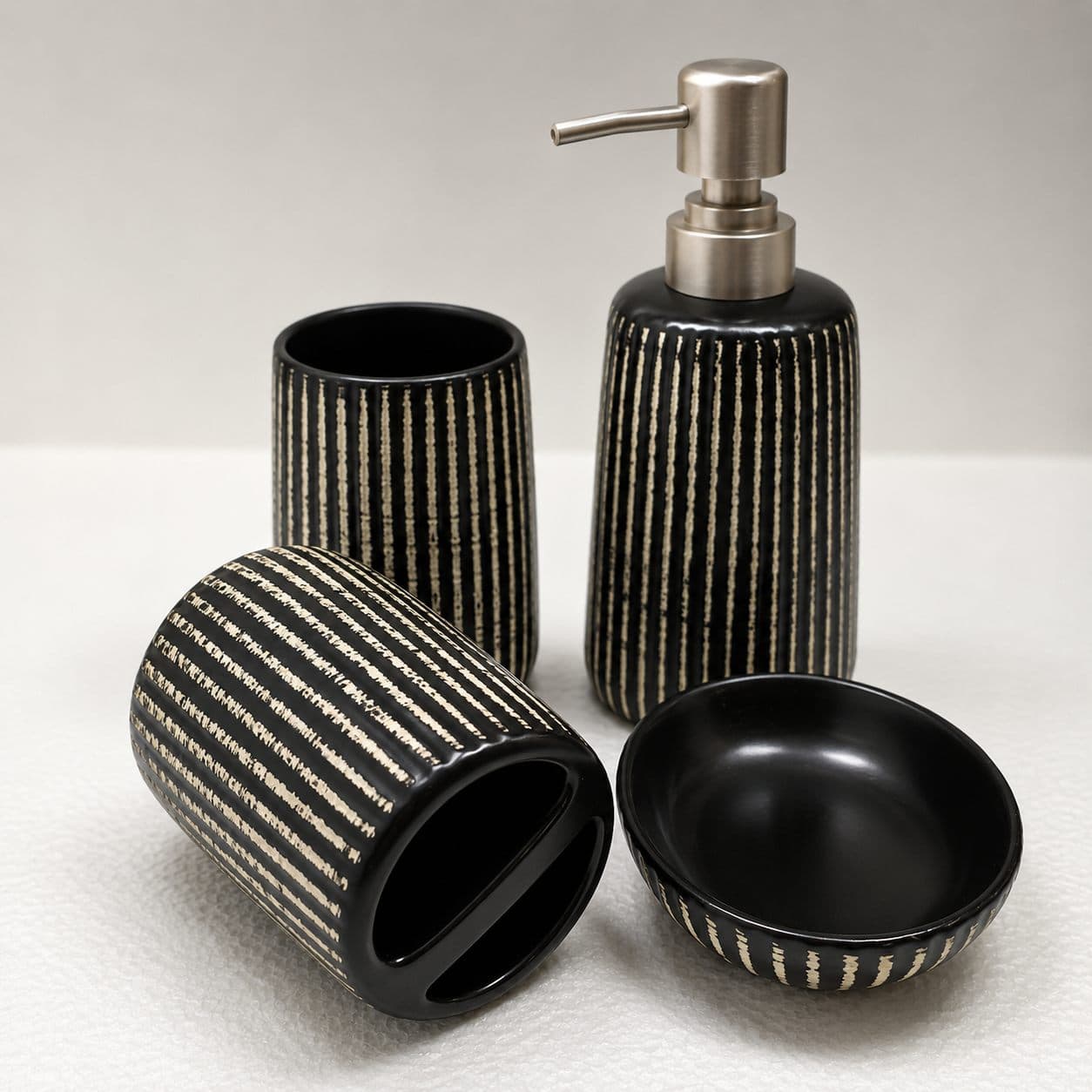 Kohl Striped Vanity Set — Glazed stoneware