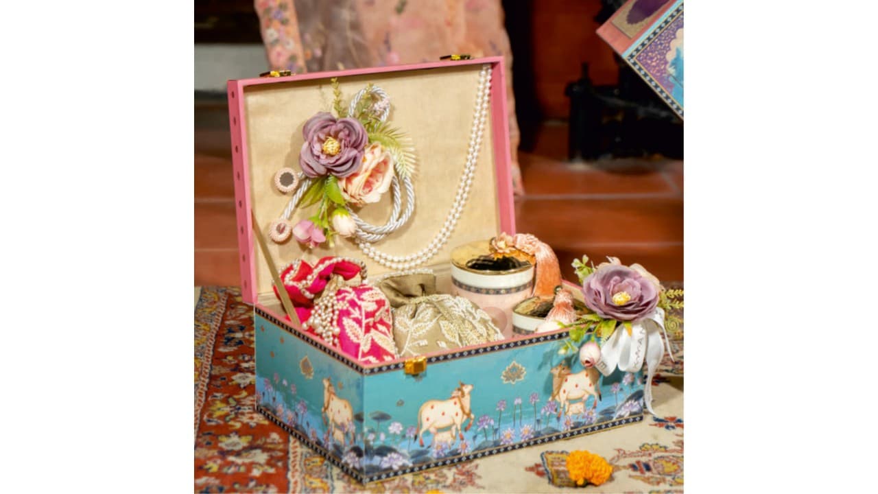 Pichwai Cow Trunk Box — Painted wood & brass