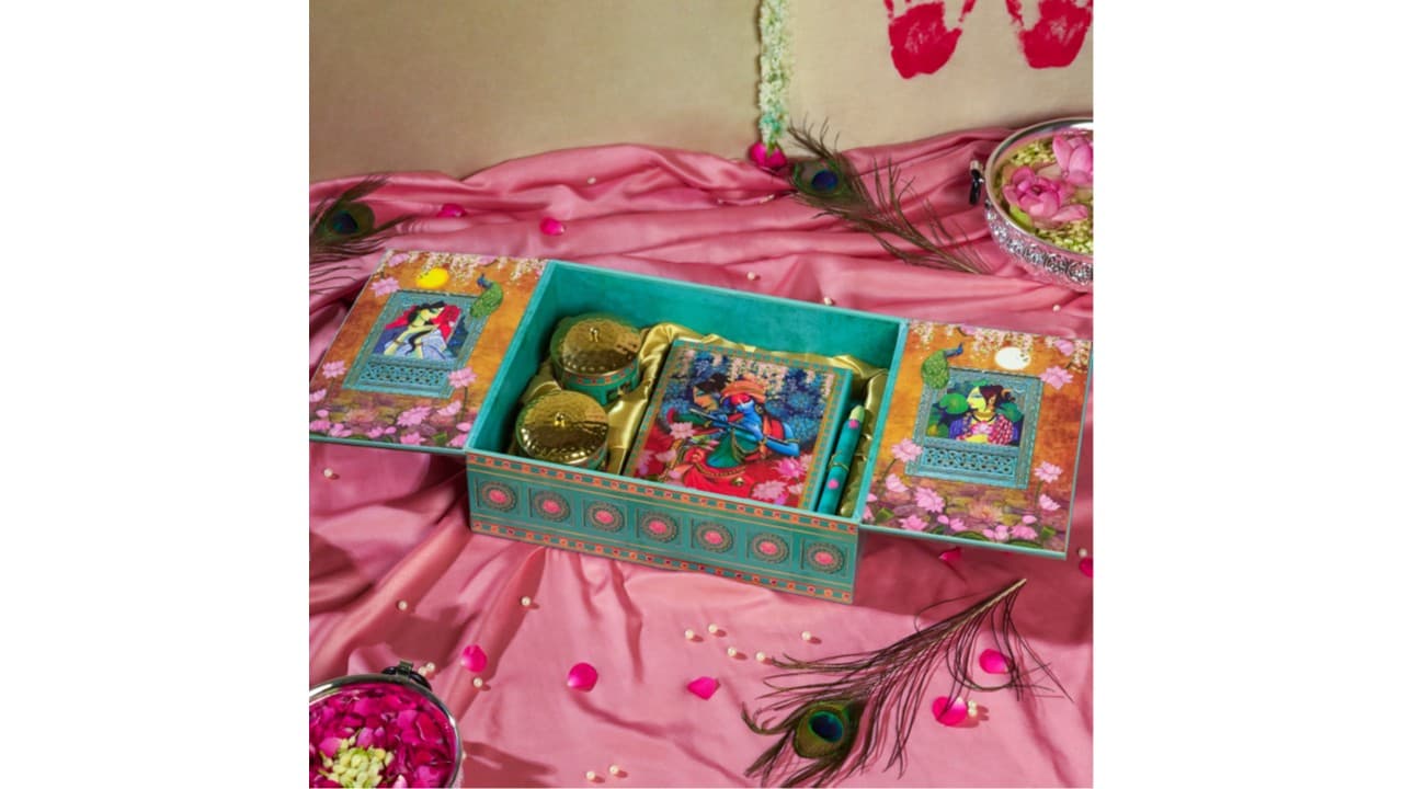 Radha Krishna Invitation Box — Enamelled board & brass