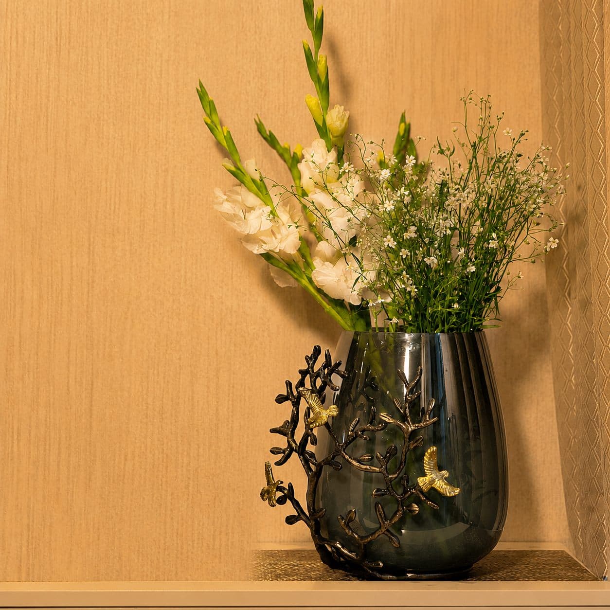 Sylvan Birds Bud Vase — Smoked glass & bronze