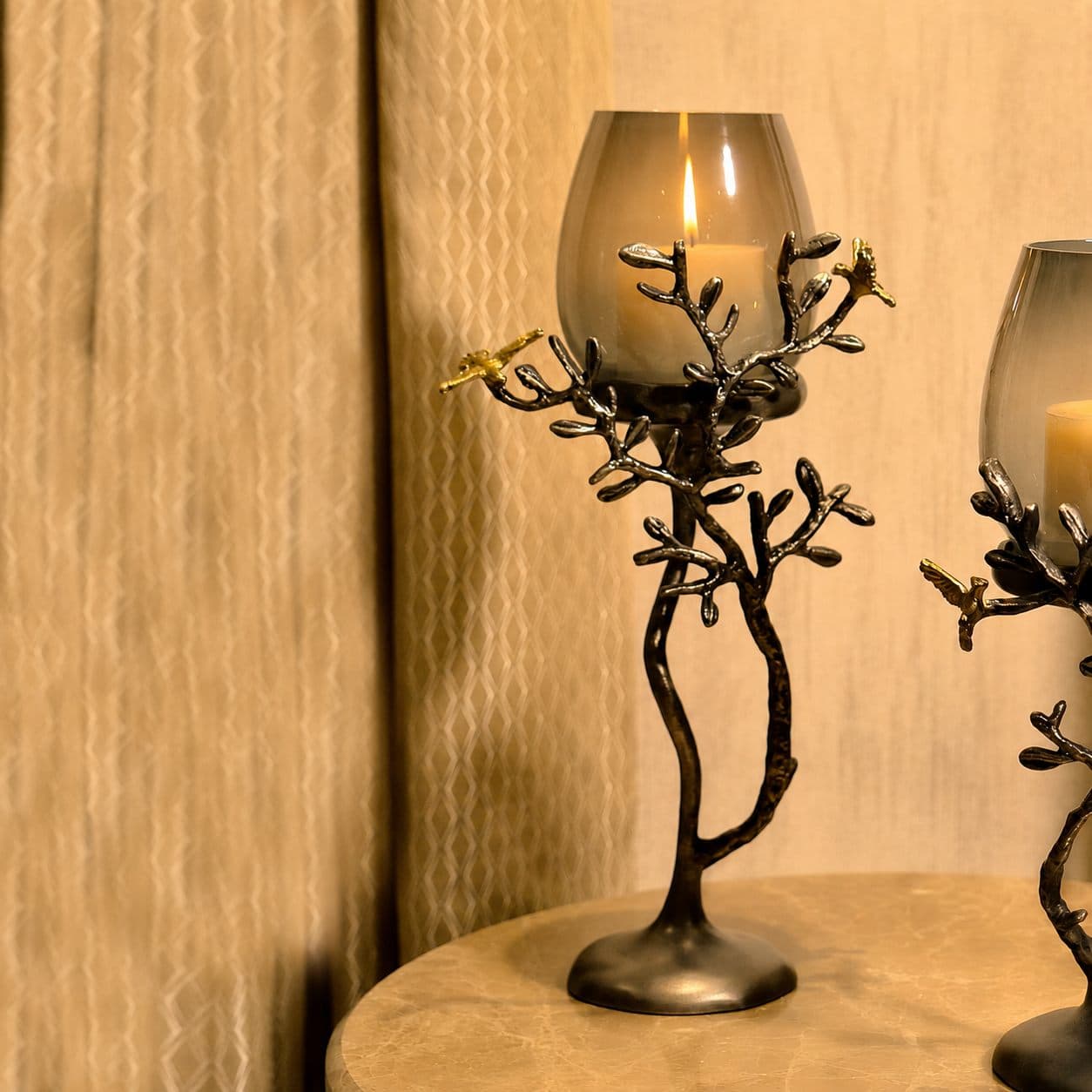 Aviary Twig Hurricane Stand — Cast bronze & smoked glass